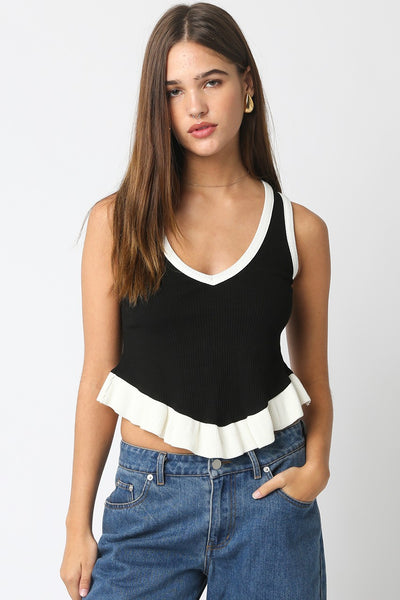 Mina Ruffle Hem Tank Top Black White