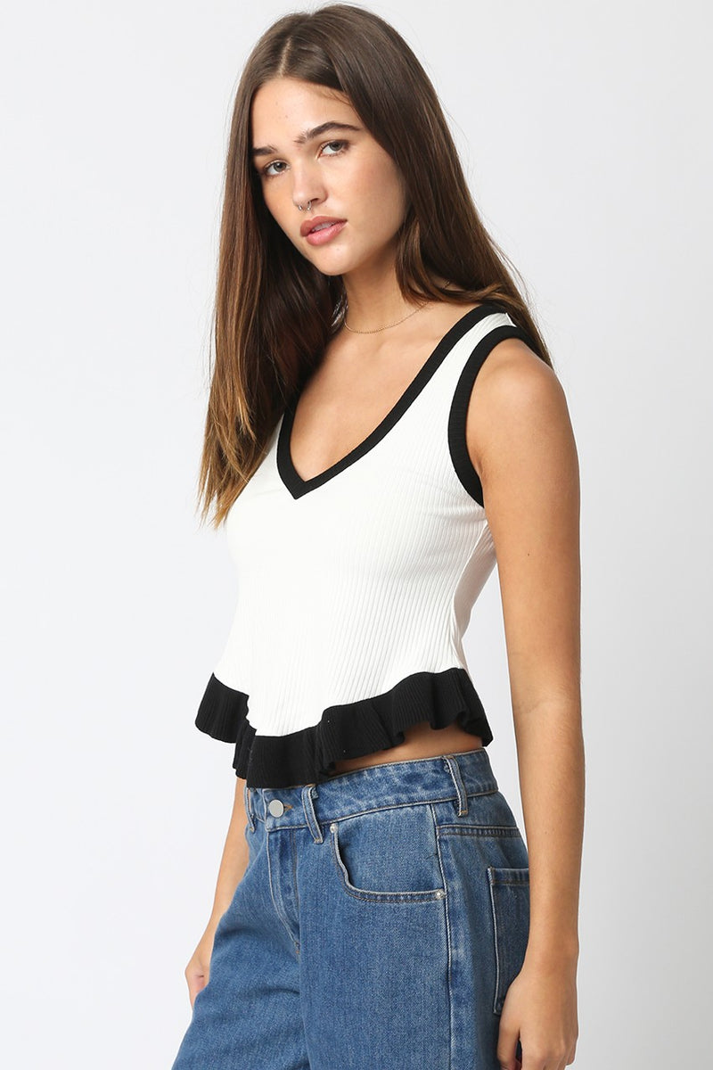 Mina Ruffle Hem Tank Top White Black