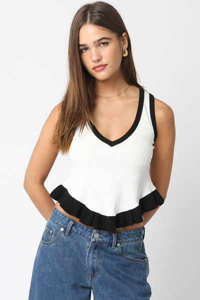 Mina Ruffle Hem Tank Top White Black