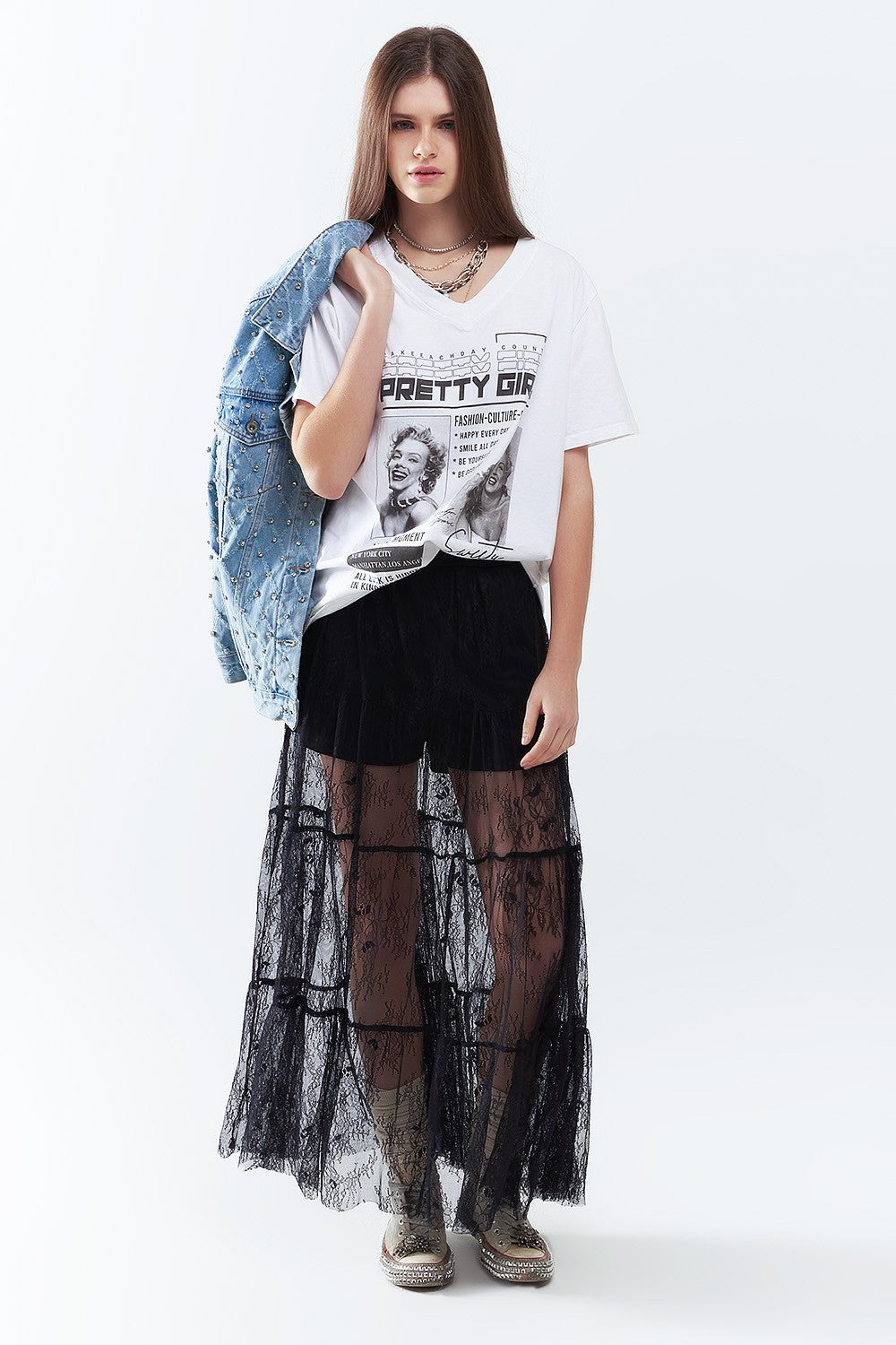 Maxi Lace Skirt With Floral Print Black