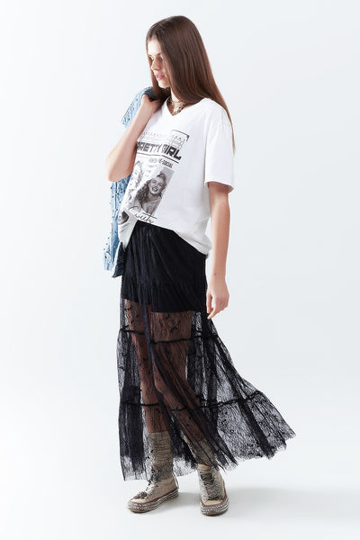 Maxi Lace Skirt With Floral Print Black