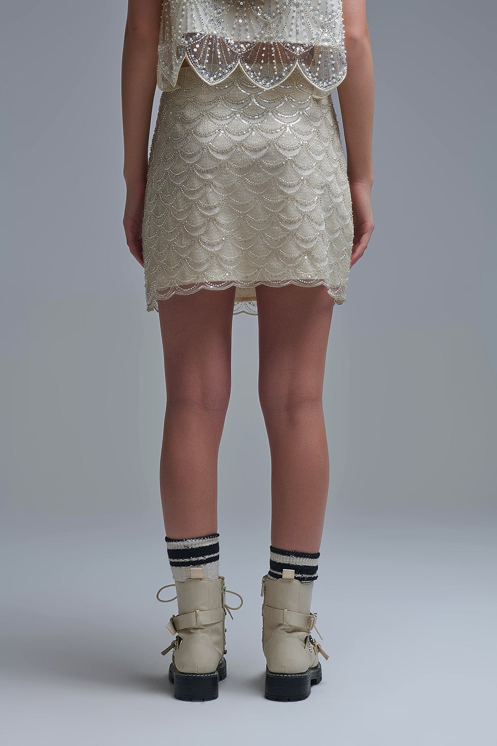 Scalloped Sequin Mini Skirt In Cream