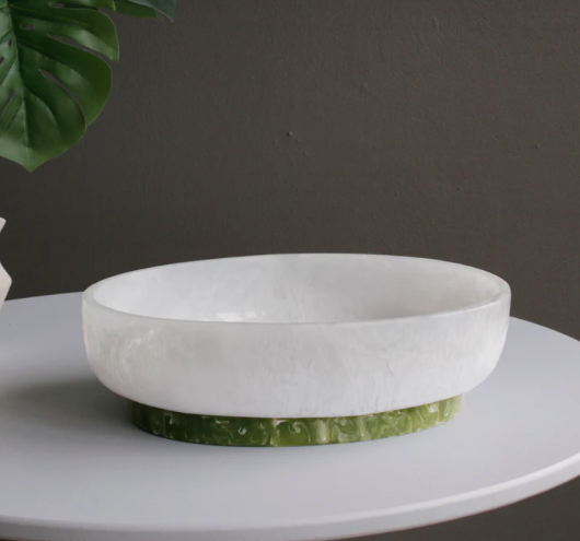Resin Rio Large Oval Bowl with Base White and Green