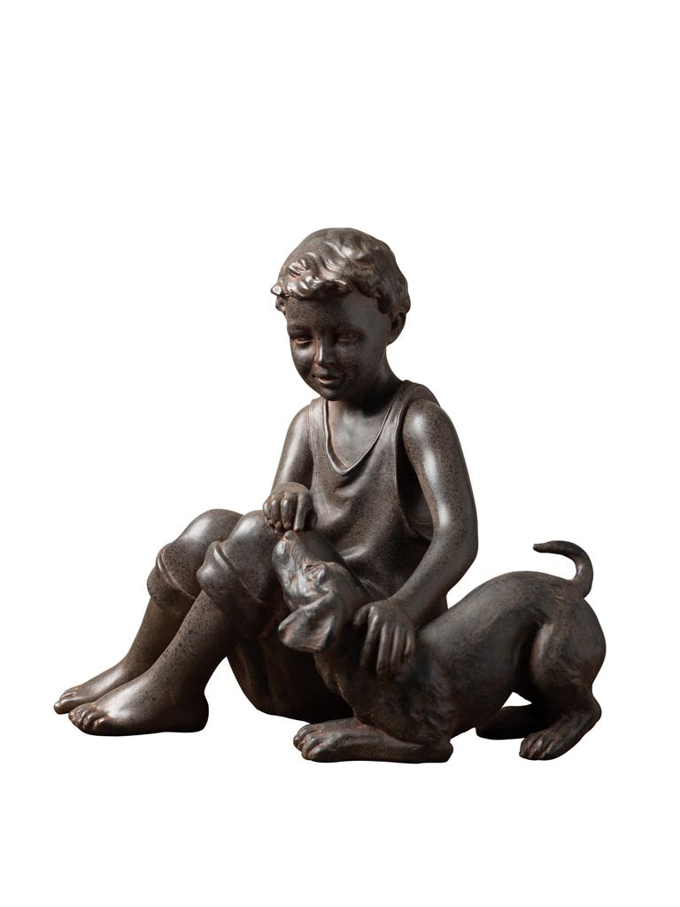 Seated Boy with Dogn in Resin