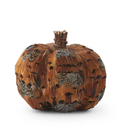 Orange Brown Feather Pumpkin w Twig Stem