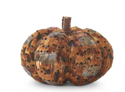 Orange Brown Feather Pumpkin w Twig Stem