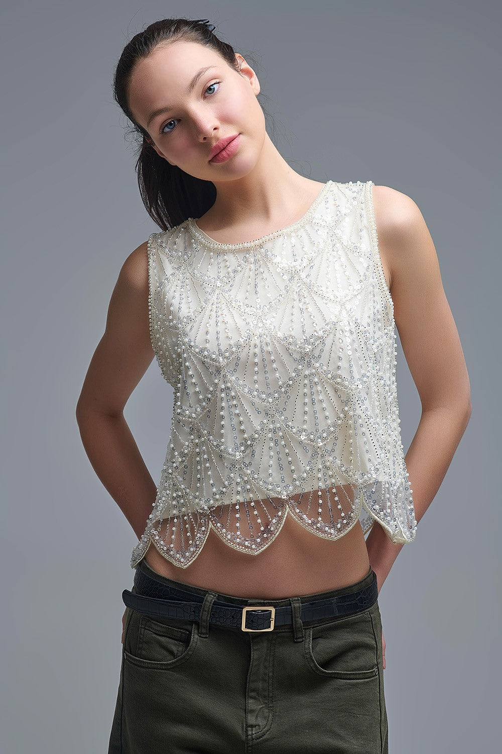 Chic Cream Sequin Cropped Top
