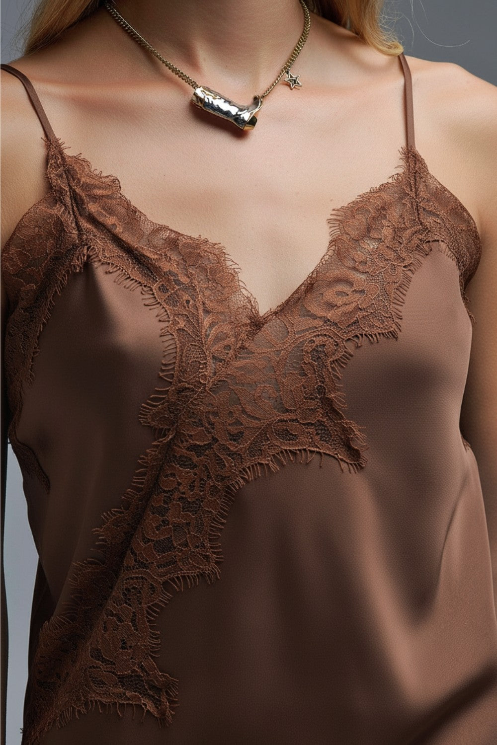Asymmetrical Satin Top In Brown