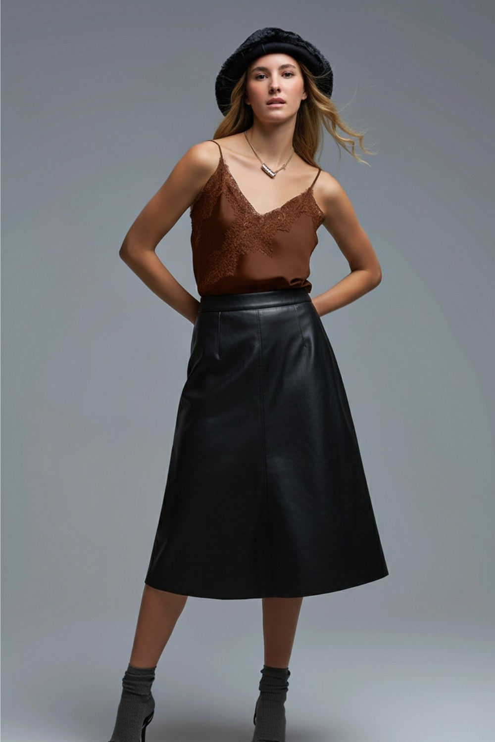 Asymmetrical Satin Top In Brown