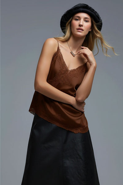 Asymmetrical Satin Top In Brown