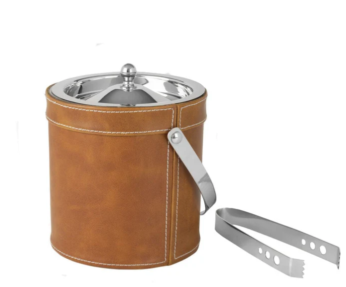 Faux Leather Stitched Ice Bucket With Tongs