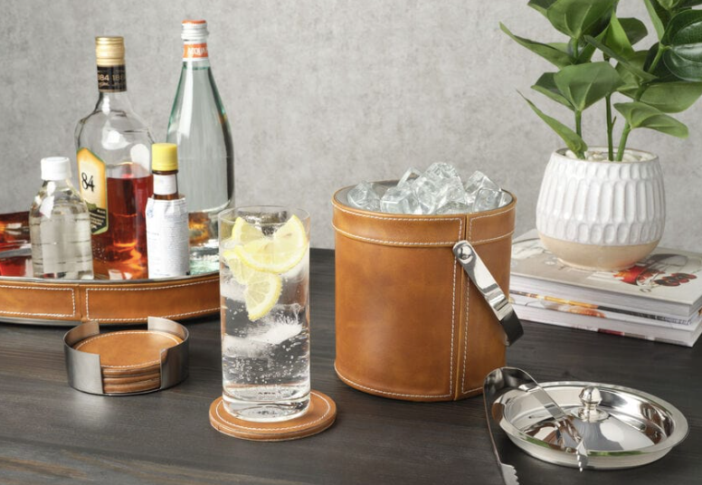 Faux Leather Stitched Ice Bucket With Tongs