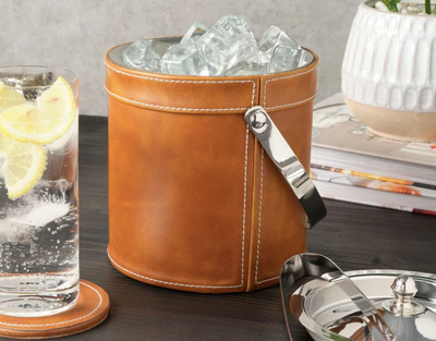 Faux Leather Stitched Ice Bucket With Tongs