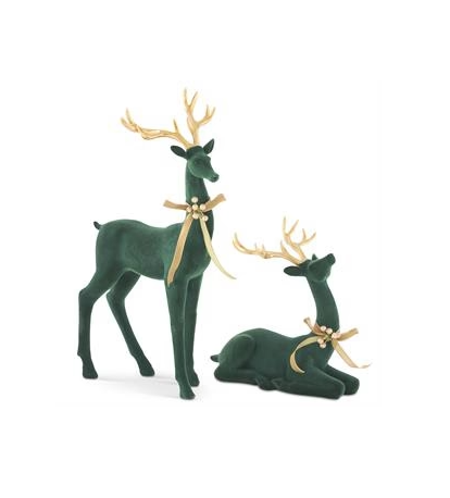 Dark Green Velvet Laying Deer w Gold