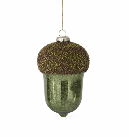 Green Mercury Glass Acorn Ornament w Glitter Beaded