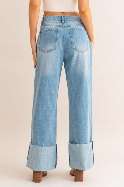 High Waisted Wide Led Cuffed Jeans