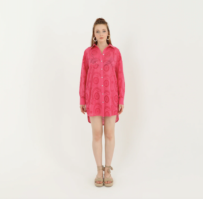 Oversized Eyelet Button Shirt Fuchsia