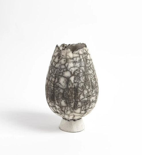 Crackled Footed Vase Black Raku Small