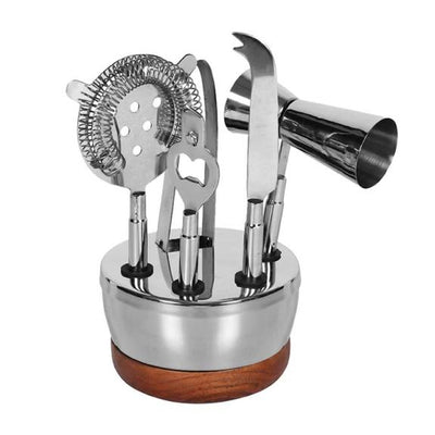 Polished Aluminum Bar Tool Set With Wooden Base