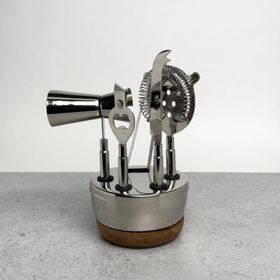 Polished Aluminum Bar Tool Set With Wooden Base