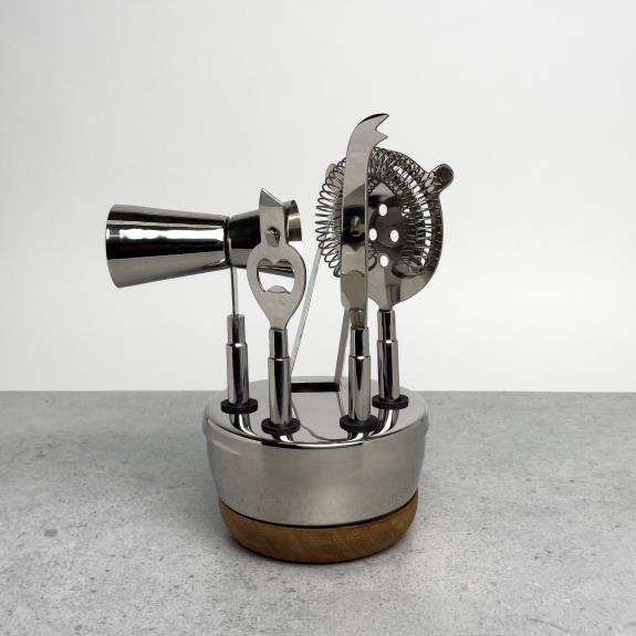 Polished Aluminum Bar Tool Set With Wooden Base