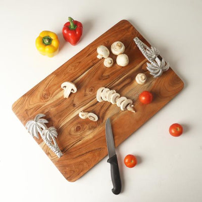 Acacia Serving Tray W Aluminum Palm Tree Handle