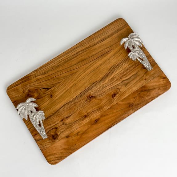 Acacia Serving Tray W Aluminum Palm Tree Handle