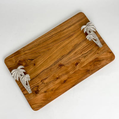 Acacia Serving Tray W Aluminum Palm Tree Handle