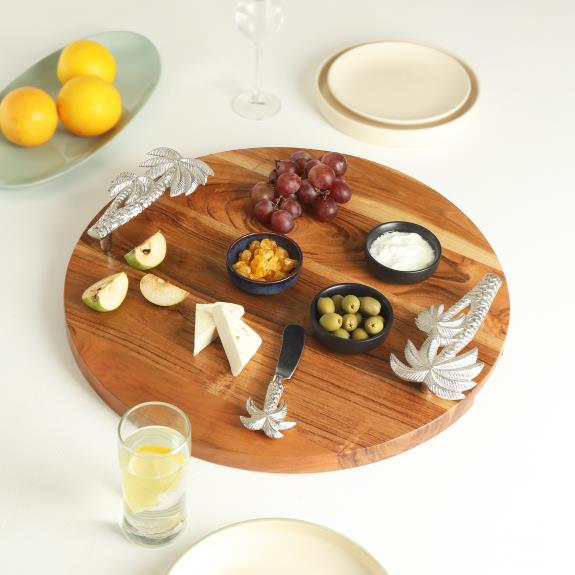 Round Acacia Serving Tray W Palm Tree Handles