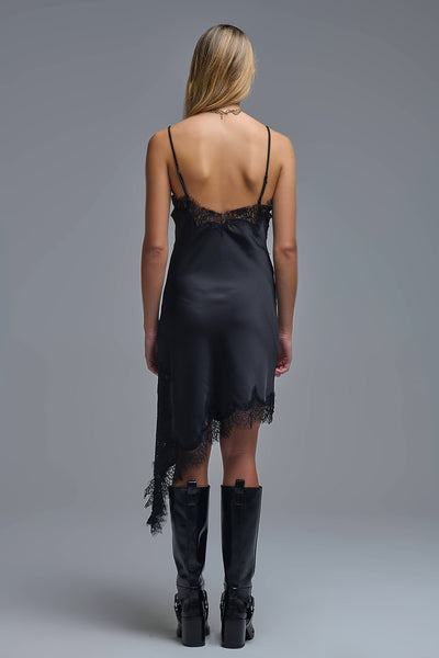 Asymetrical Satin Lace Dress In Black