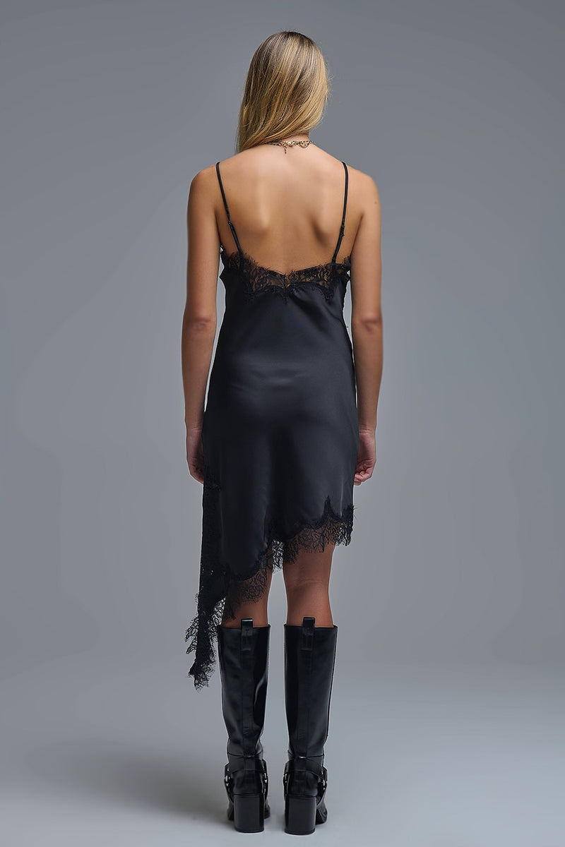 Asymetrical Satin Lace Dress In Black