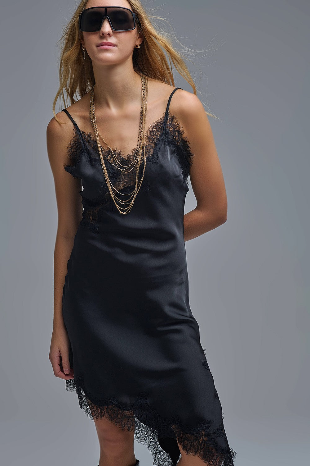 Asymetrical Satin Lace Dress In Black