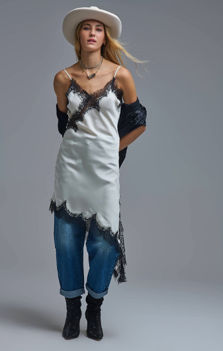 Elegant Asymmetrical Satin Lace Dress White