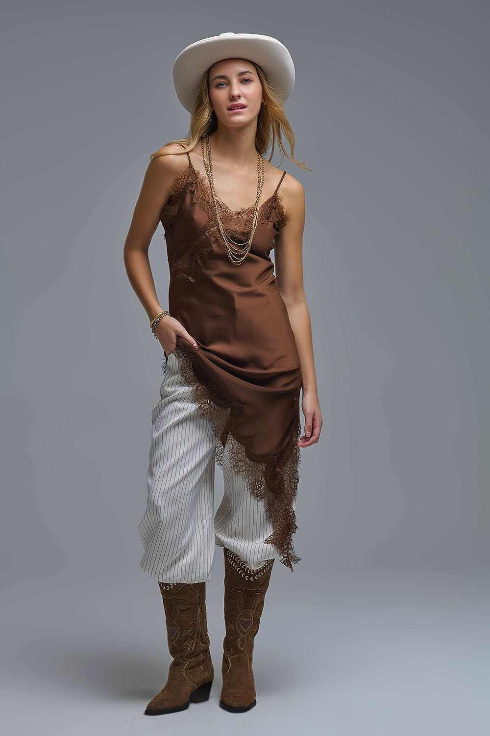 Asymetrical Satin Lace Dress In Brown - Mixo Concept Store