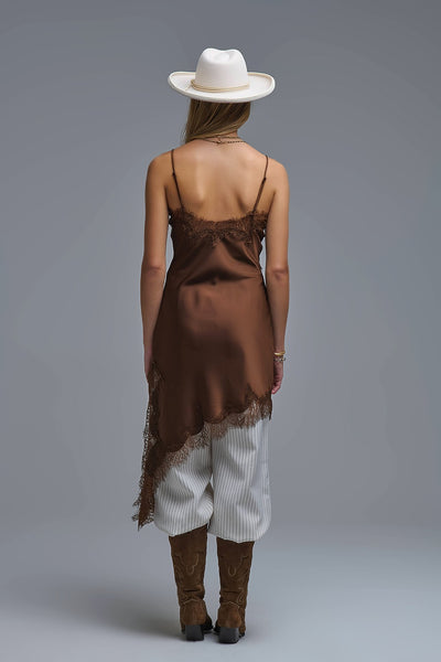 Asymetrical Satin Lace Dress In Brown