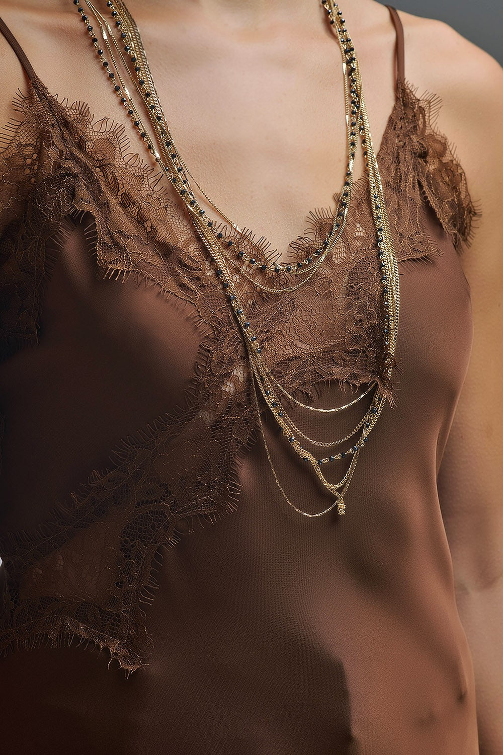 Asymetrical Satin Lace Dress In Brown