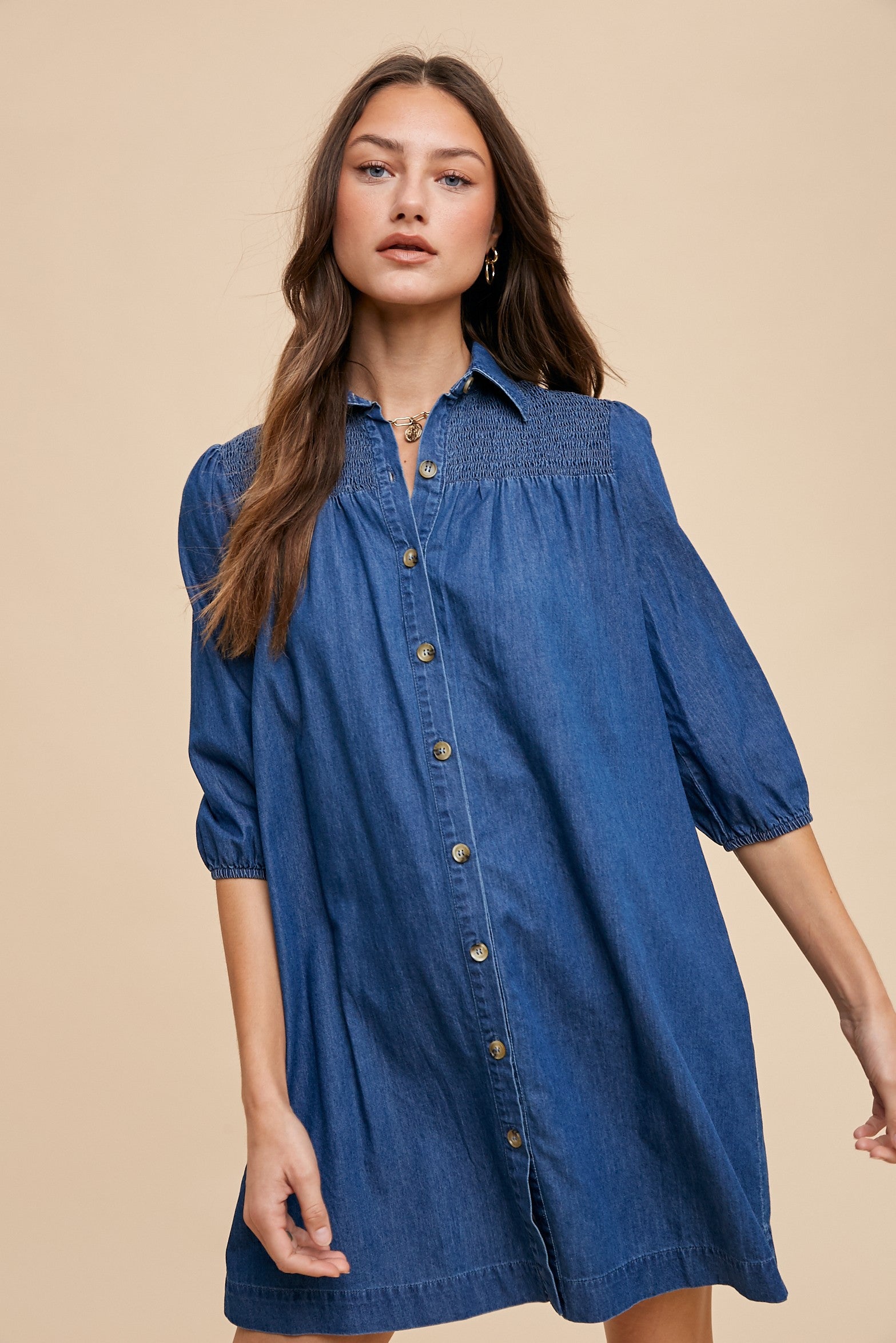 Denim Smocking Detail Dress Indigo