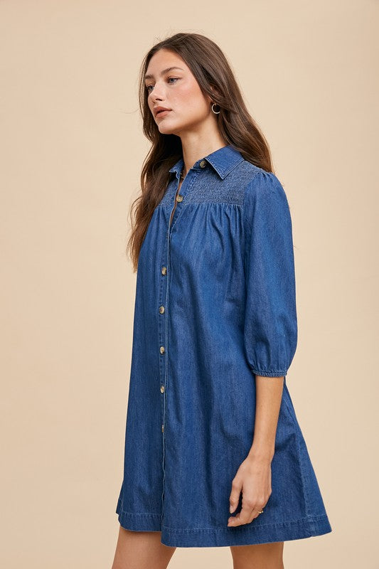 Denim Smocking Detail Dress Indigo - Mixo Concept Store