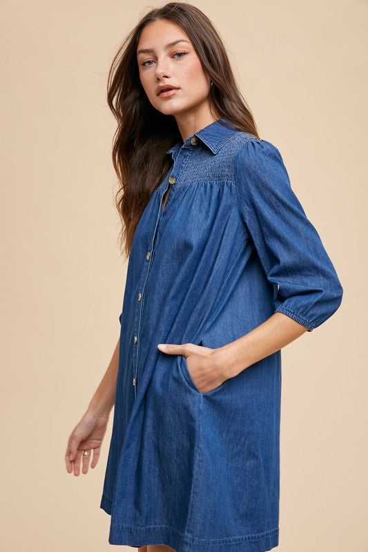 Denim Smocking Detail Dress Indigo - Mixo Concept Store