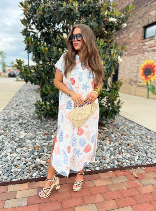 Seashells Shirt Dress White Multi