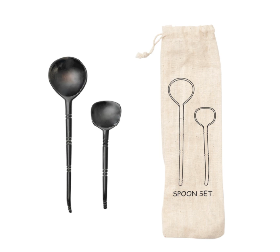 Horn Spoons Set of 2 in Printed Drawstring Bag