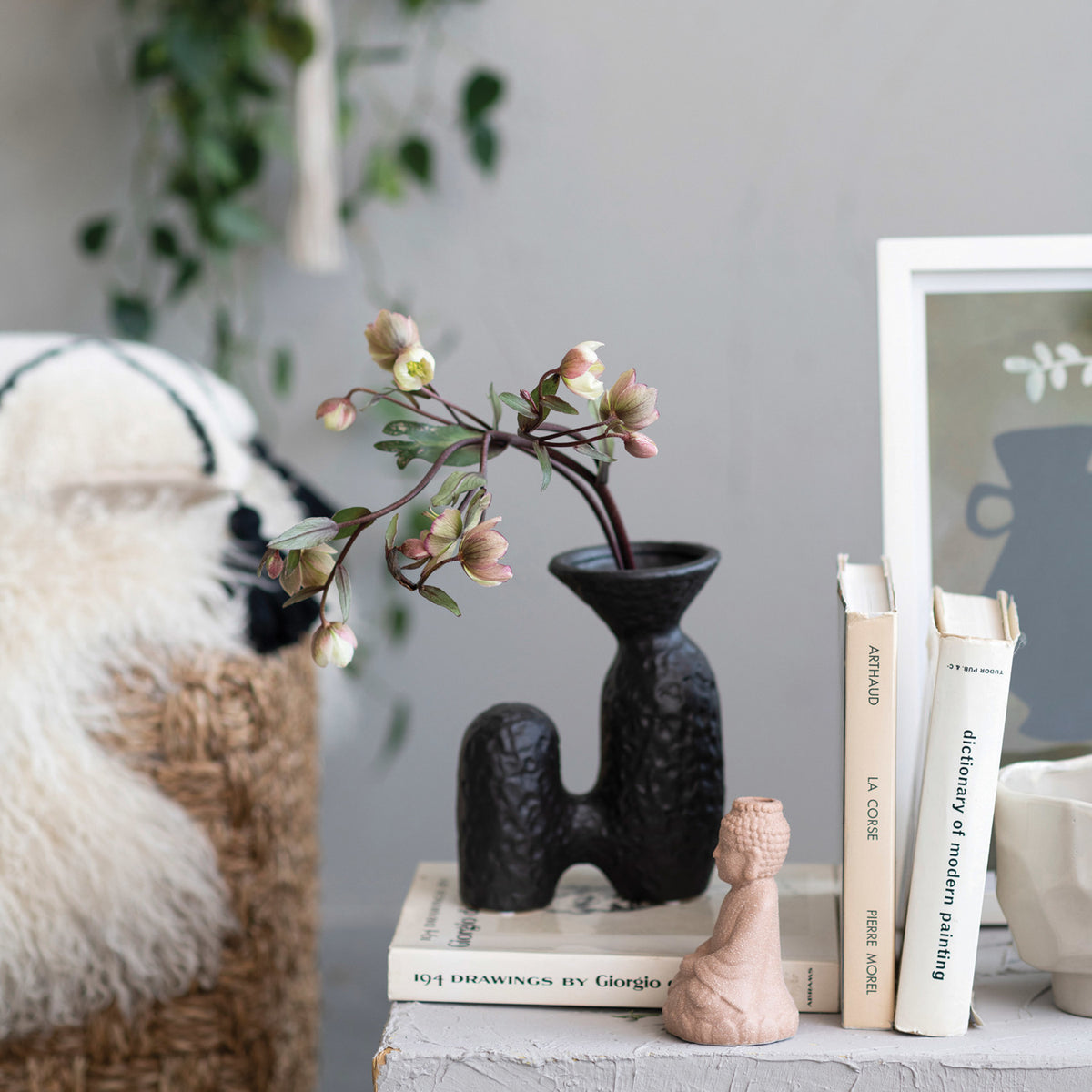 Textured Stoneware Sculptural Vase Matte Black