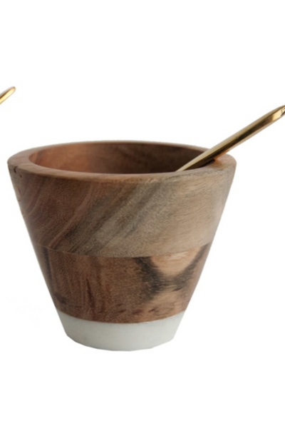 Marble Mango Wood Pinch Pot w Brass Spoon
