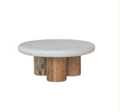 Round Marble Pedestalw Mango Wood Legs 12in