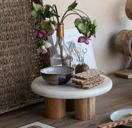 Round Marble Pedestalw Mango Wood Legs 12in
