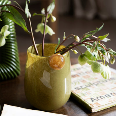 Glass Vase w Ball Opaque Green Amber