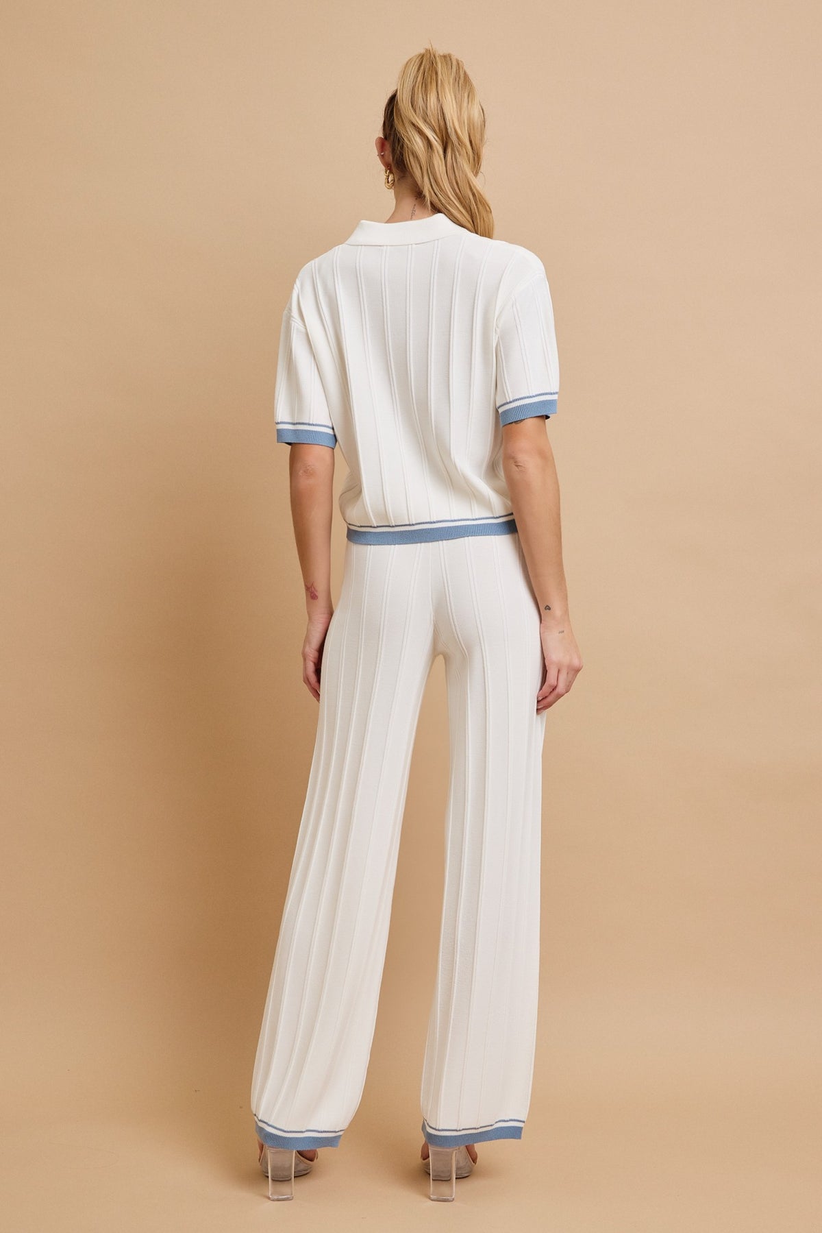 Knit Collar Short Sleeve Top and Pant Set Ivory Blue