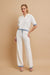 Knit Collar Short Sleeve Top and Pant Set Ivory Blue