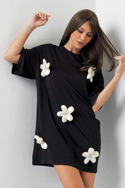 Nina Flower Embellished T Shirt Black