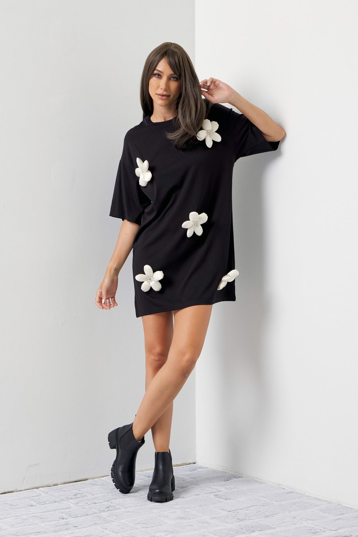 Nina Flower Embellished T Shirt Black